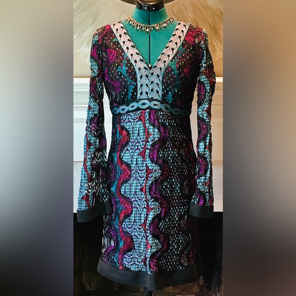 HALE BOB long-sleeve V-neck blue purple midi dress Lace Geometric Stretch Jewel - Picture 2 of 11